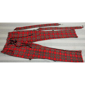 1990s LIP SERVICE Zipper Punk Red Plaid Pants 26 S Slim Bondage BELTS GROMMETS